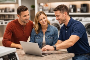 couple shopping for a refrigerator in a bright modern appliance showroom with a sales associate assisting them