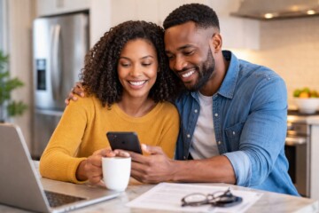 Black couple reviewing warranty claim updates on a tablet in a modern kitchen with a new appliance visible nearby