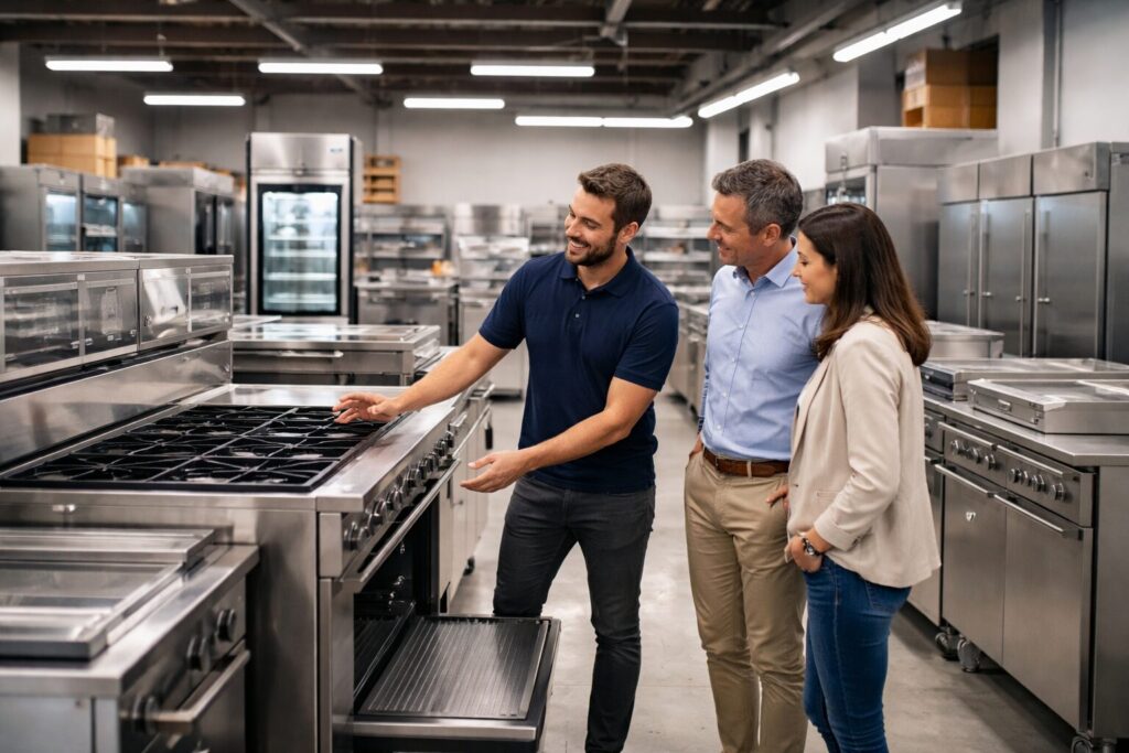 commercial appliance showroom with staff assisting customers and rows of modern equipment on display in organized space