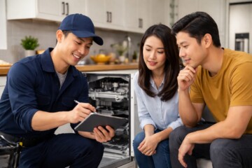 Asian appliance technician discussing repair details with a middle-aged couple in a modern kitchen setting