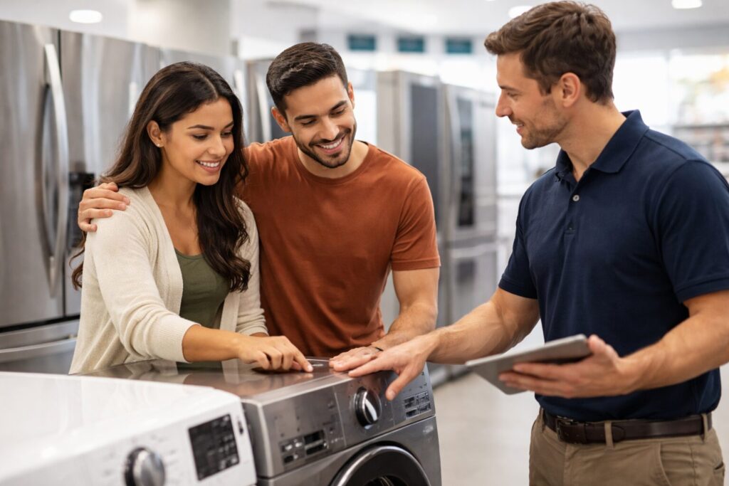 Young couple examining a modern kitchen appliance in a bright, contemporary home setting with natural interaction