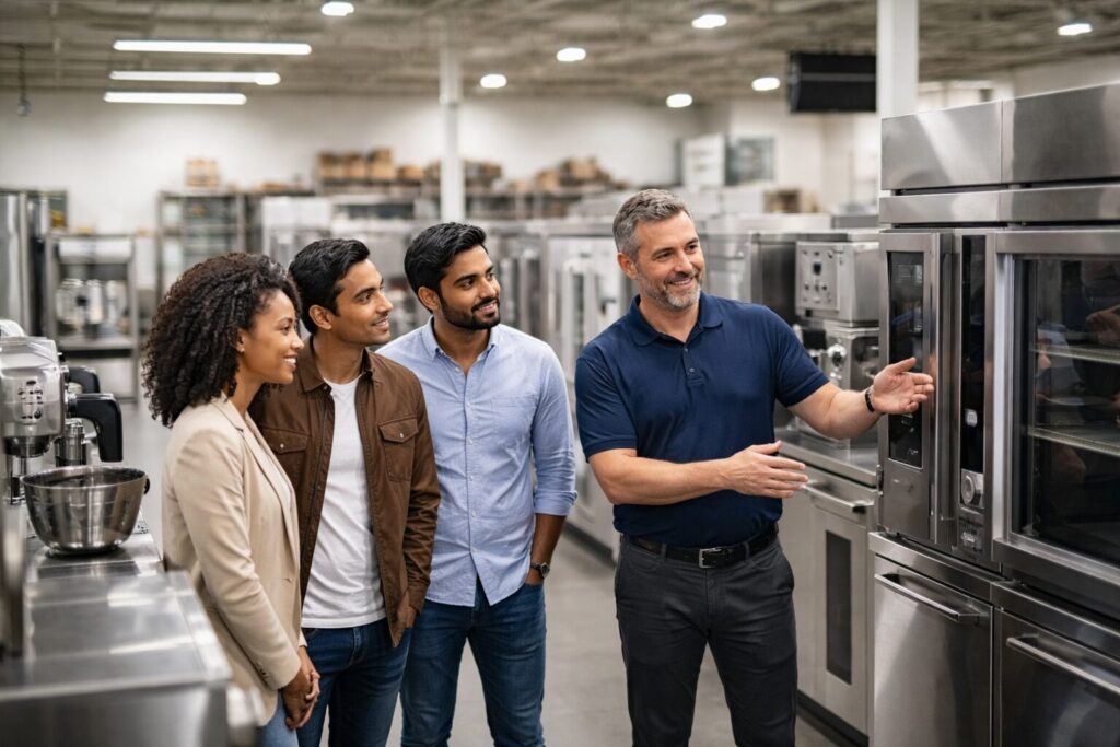 Commercial appliance showroom with diverse customers and staff examining modern equipment displayed in organized rows