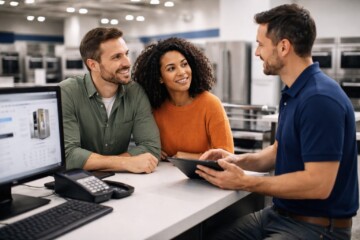 Appliance store sales associate assisting a middle-aged couple with warranty options at a modern showroom counter