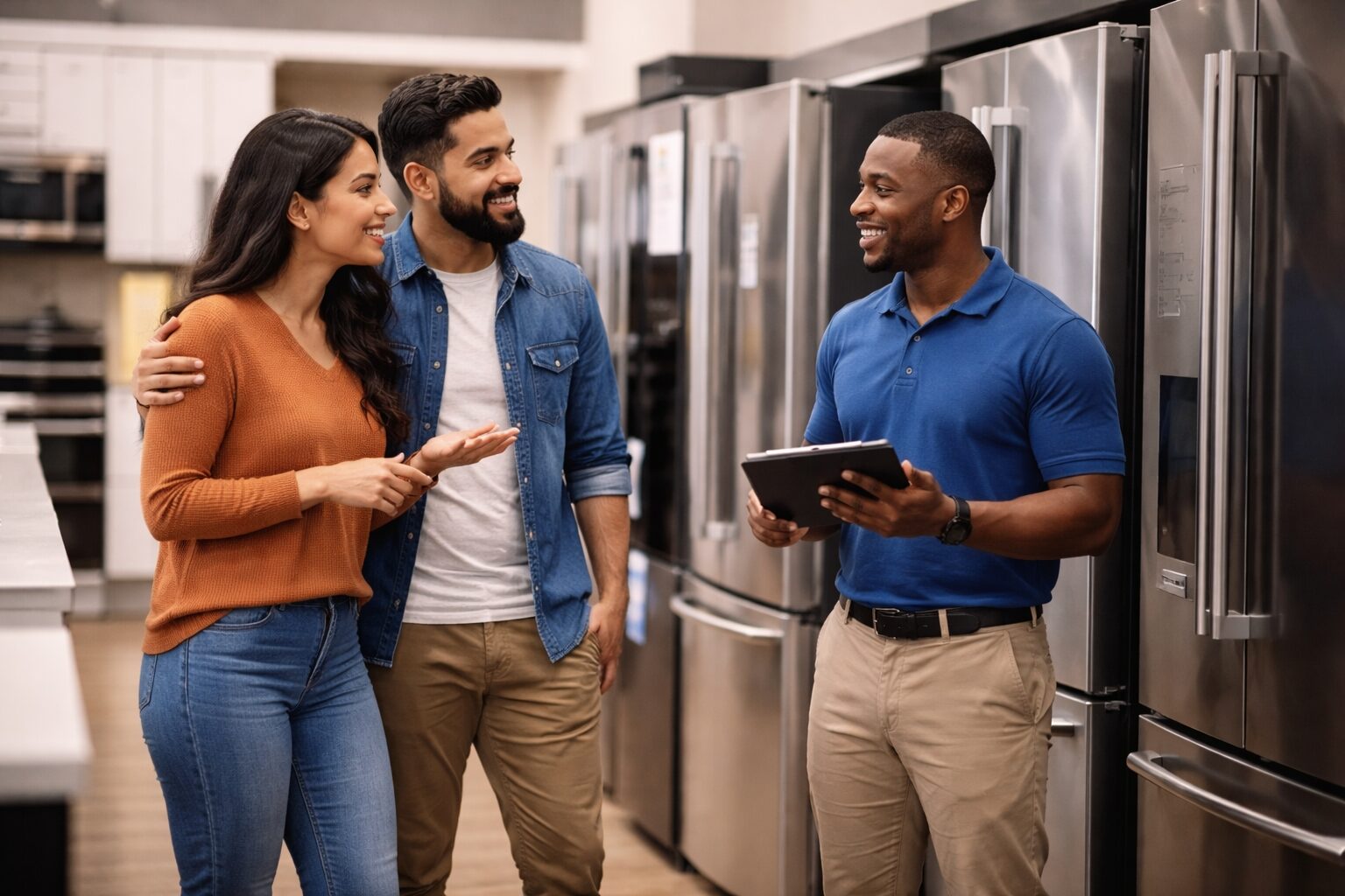 Diverse group of customers and sales associates discussing warranty options in a modern appliance showroom with