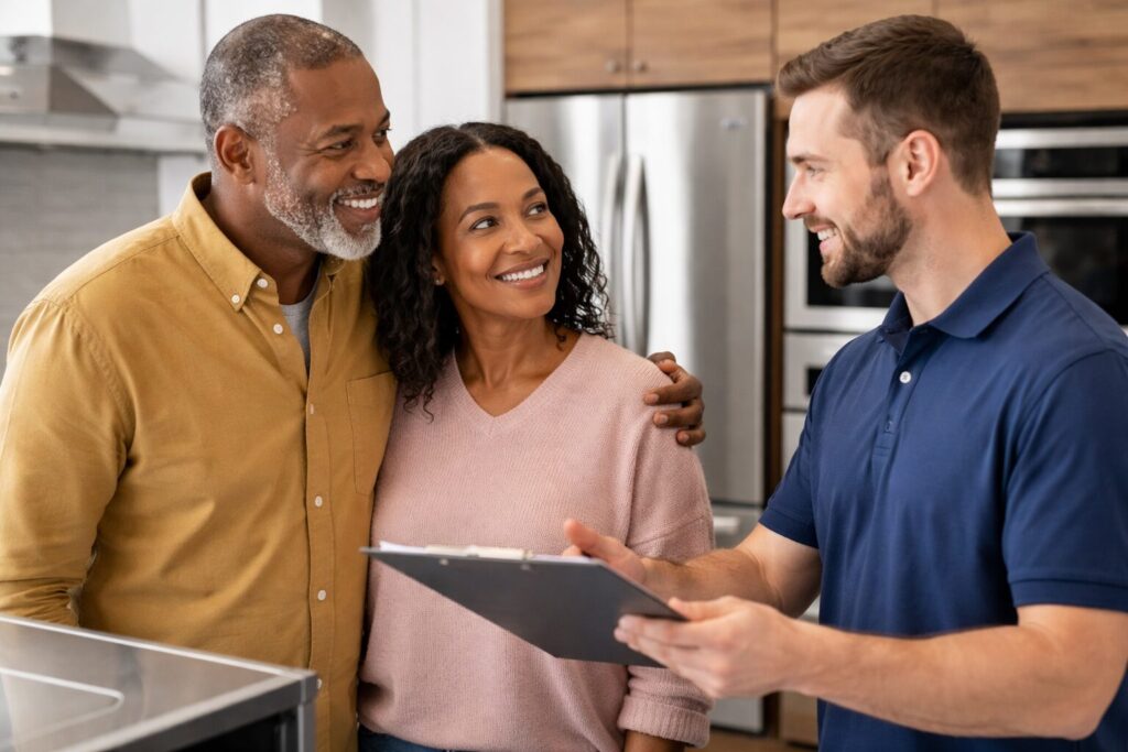 couple examining a refrigerator in a modern appliance showroom with a sales associate explaining warranty details