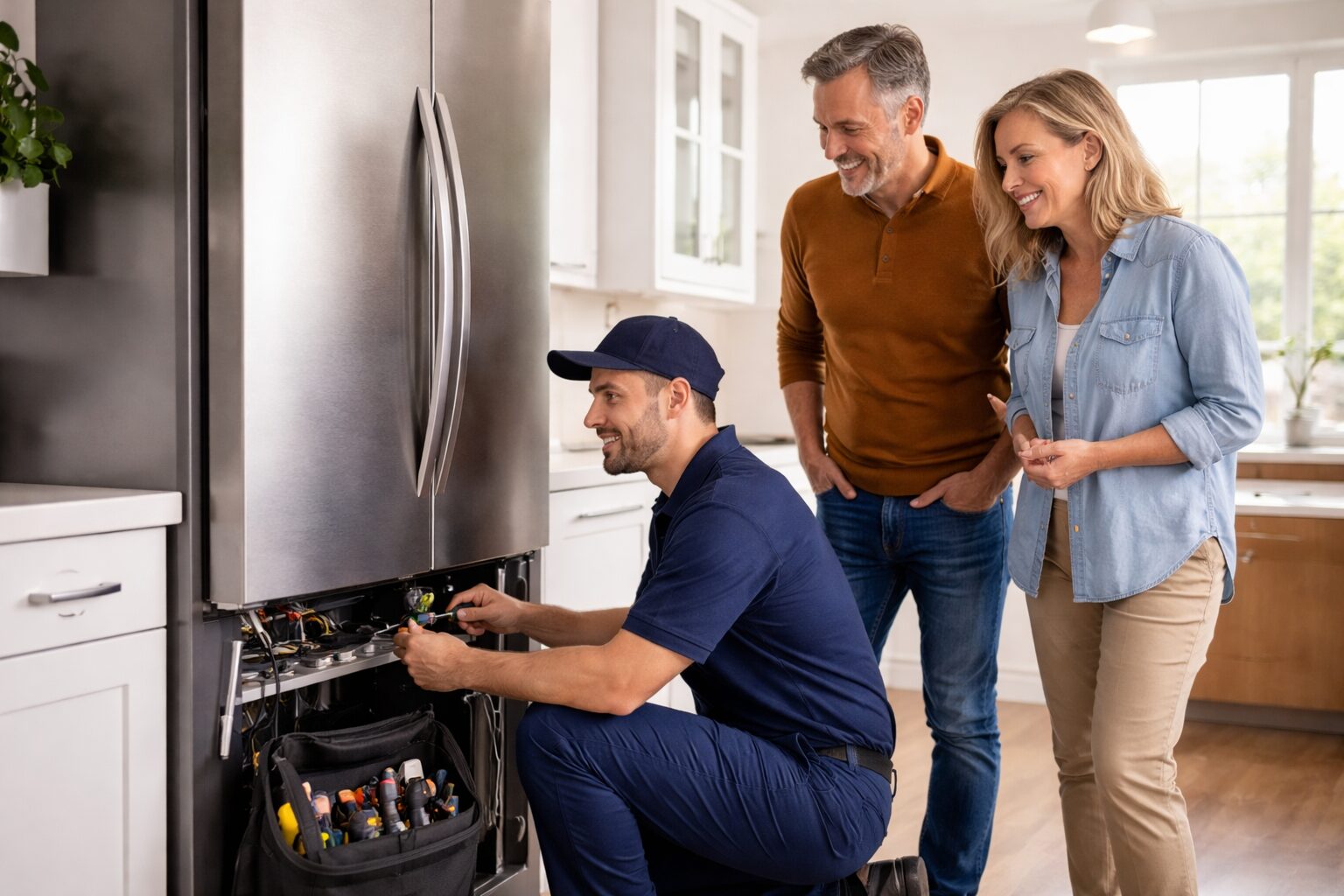 Appliance technician inspecting a modern kitchen appliance while homeowner watches and discusses repair details