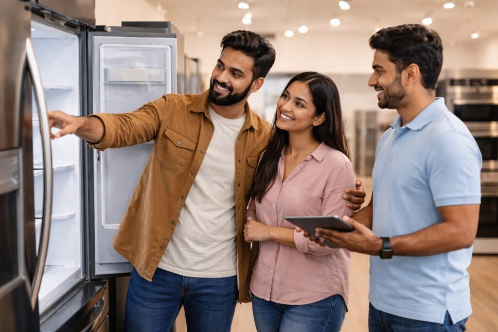 Brown couple discussing appliance options with a sales associate in a modern showroom surrounded by kitchen appliances
