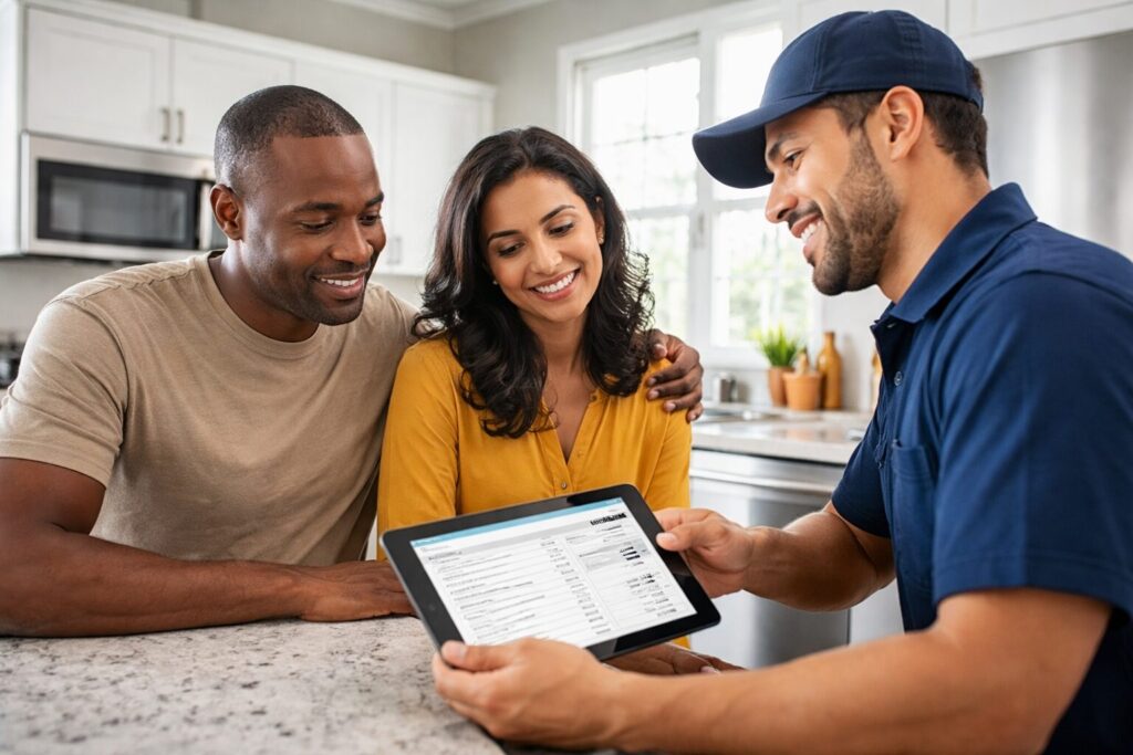 Multicultural appliance technician explaining repair invoice to diverse homeowners in modern kitchen setting