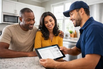 Multicultural appliance technician explaining repair invoice to diverse homeowners in modern kitchen setting