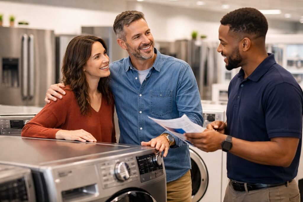 couple discussing appliance warranty options with sales associate in modern appliance showroom
