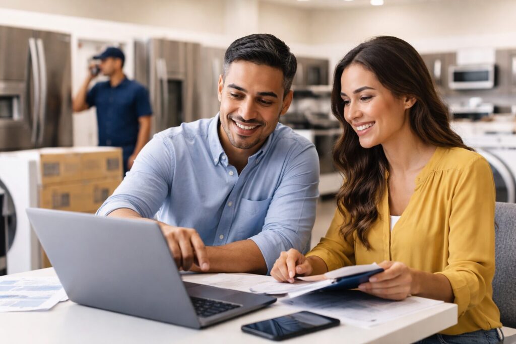 Hispanic appliance sales associate assisting a couple in a modern showroom with kitchen appliances on display