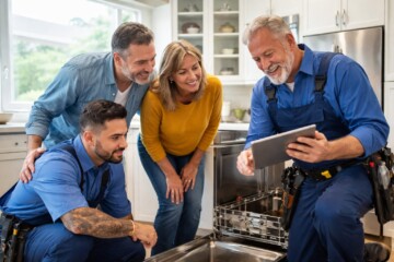 Appliance technician inspecting a modern kitchen appliance while homeowner watches and discusses repair options