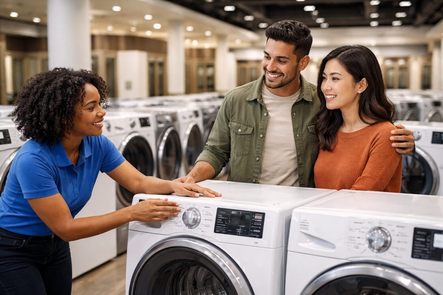 Diverse group of customers and sales associates discussing appliance warranties in a bright modern showroom