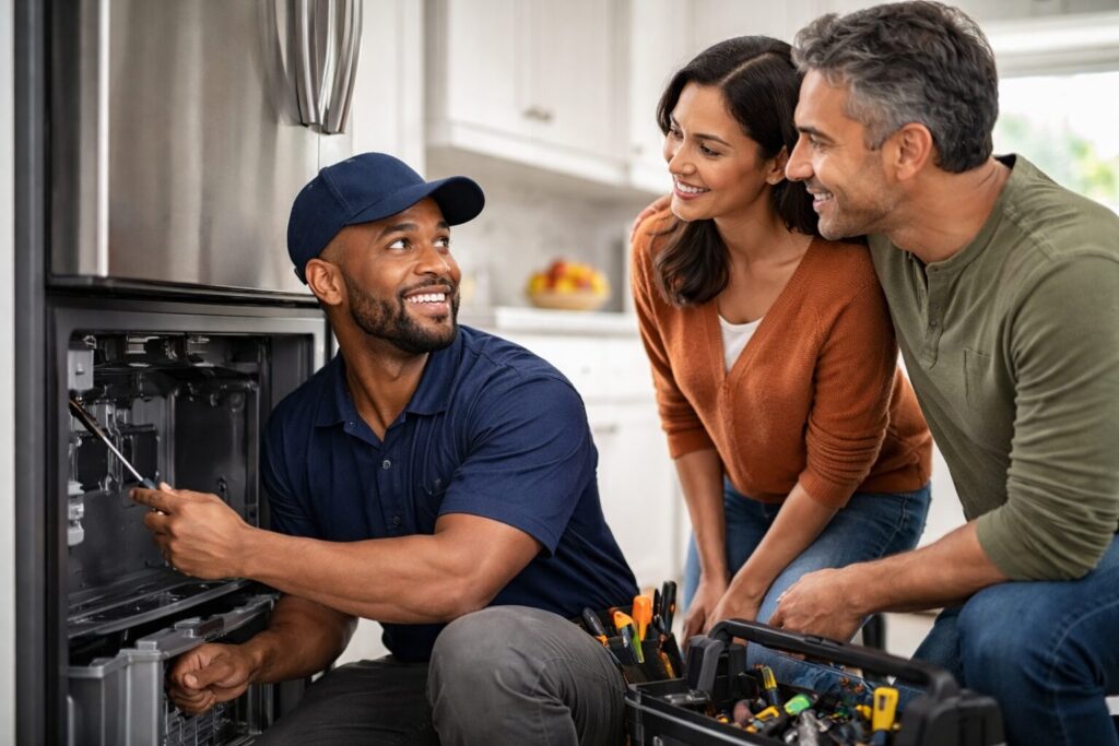 Diverse group of customers and sales associates discussing warranty options in a modern appliance showroom with