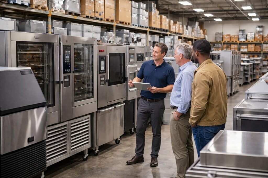 commercial appliance showroom with staff assisting customers and various equipment displayed in organized rows