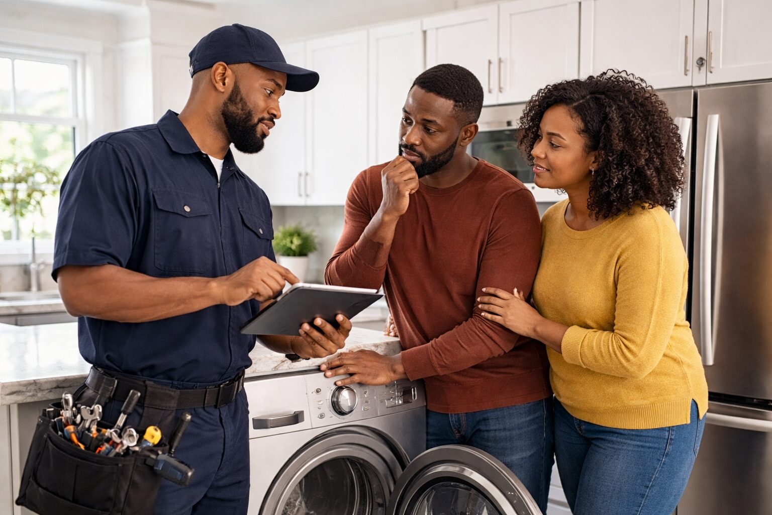 Black appliance technician discussing repair options with a middle-aged Black couple in a modern kitchen showroom