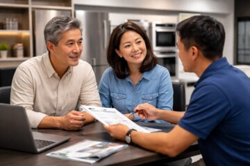 Asian appliance sales associate helping a middle-aged couple choose a refrigerator in a modern showroom kitchen setting