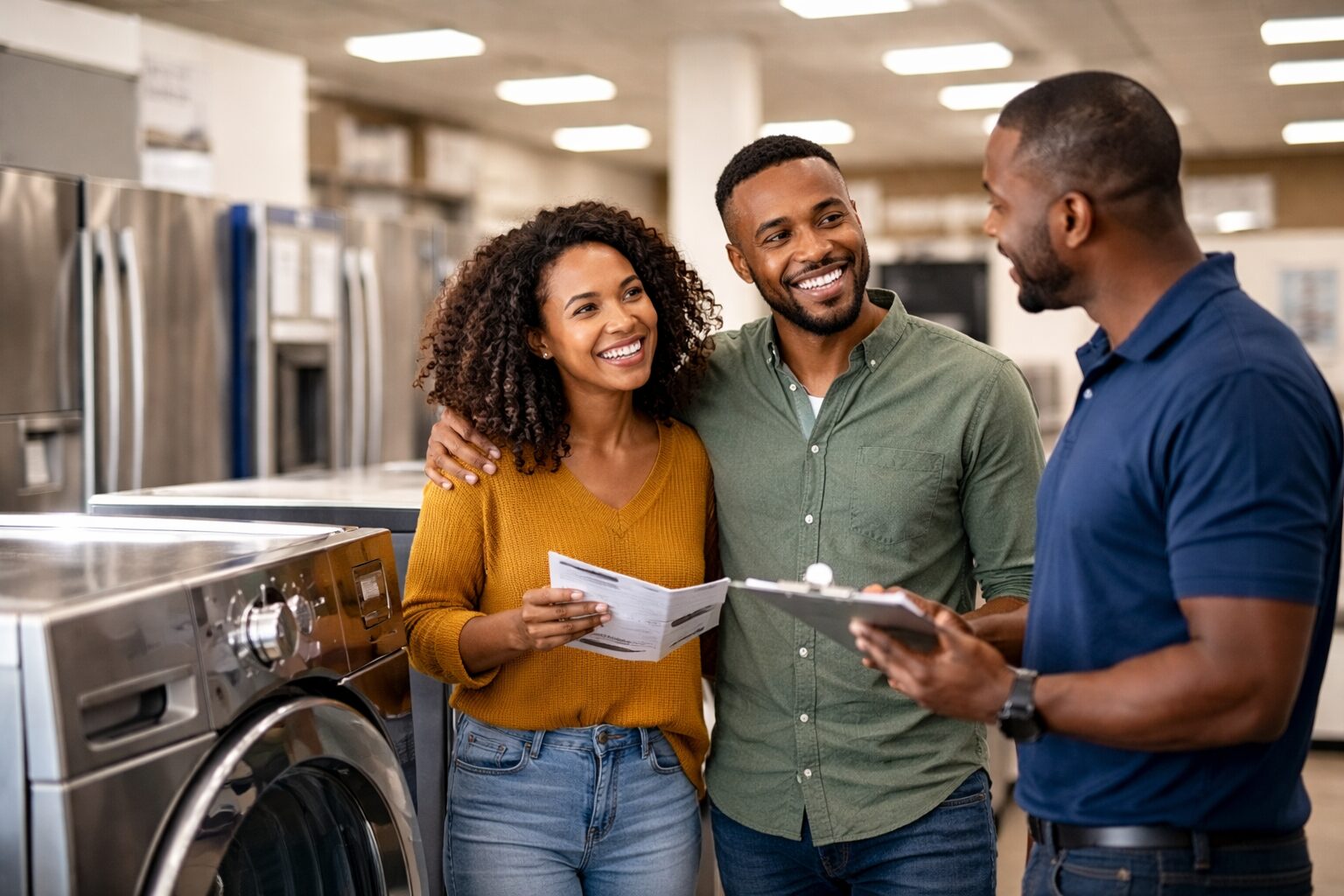Black couple smiling while shopping for a refrigerator in a modern appliance showroom with a sales associate nearby