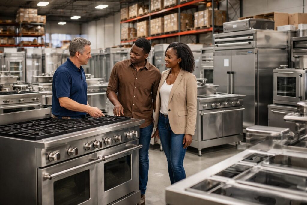 commercial equipment showroom with diverse customers and staff discussing appliances displayed in organized rows