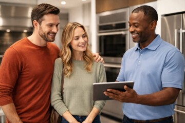 couple discussing appliance warranty options with sales associate in modern appliance showroom surrounded by kitchen