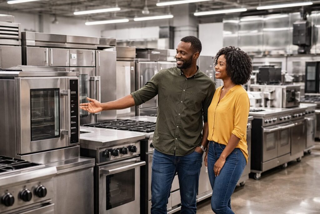 Commercial appliance dealer showing customers equipment in a modern showroom with diverse staff and organized displays