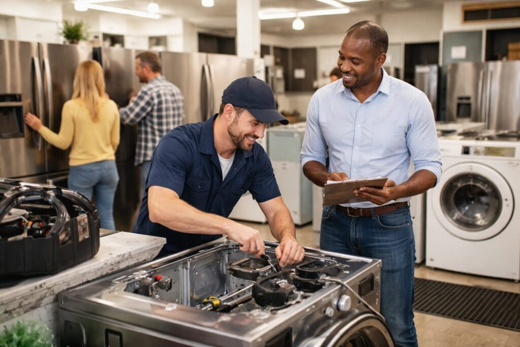Appliance sales associate discussing warranty options with a middle-aged couple in a modern showroom kitchen