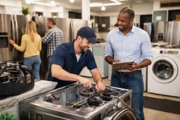 Appliance sales associate discussing warranty options with a middle-aged couple in a modern showroom kitchen