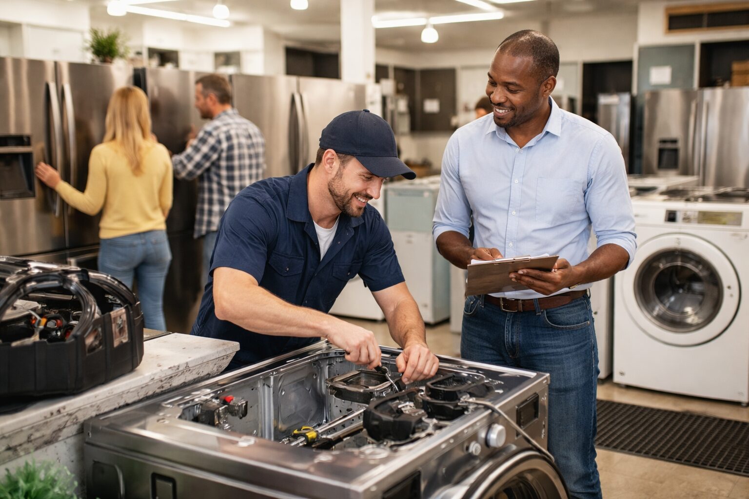 Appliance sales associate discussing warranty options with a middle-aged couple in a modern showroom kitchen