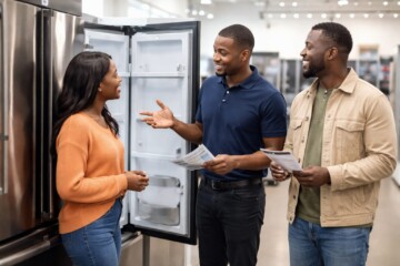 Black couple examining a scratch and dent refrigerator in a modern appliance showroom with a sales associate nearby