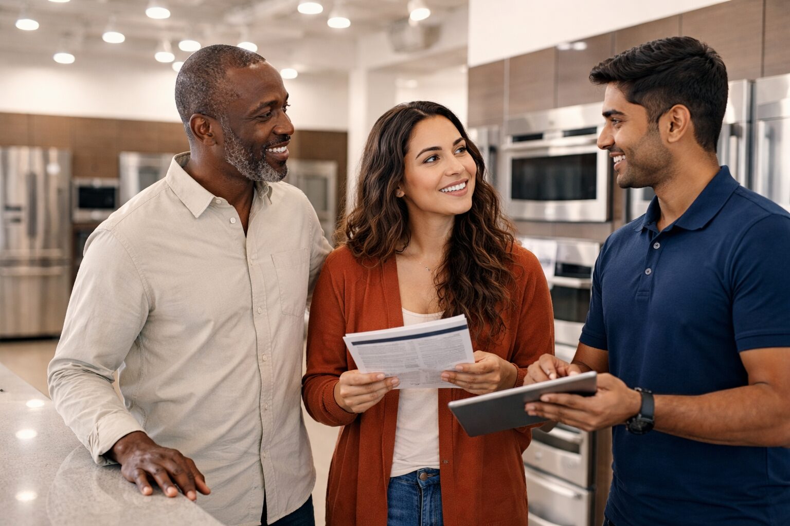 Diverse group of appliance store employees and customers discussing warranty options around a modern kitchen appliance
