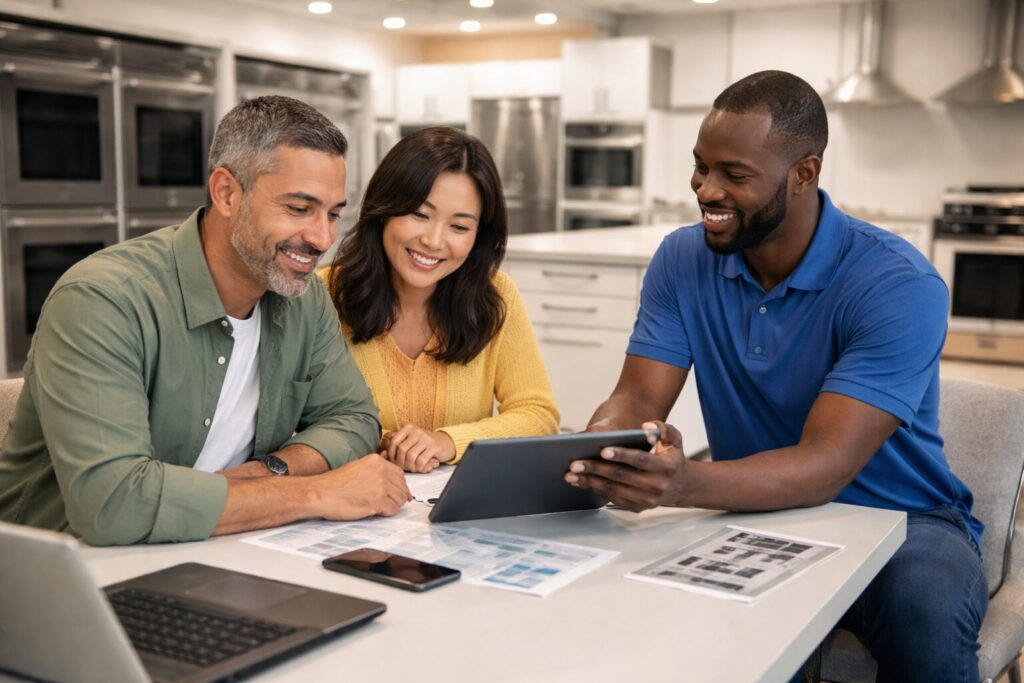 Diverse group of customers and sales associates discussing appliance extended warranty options in a modern showroom