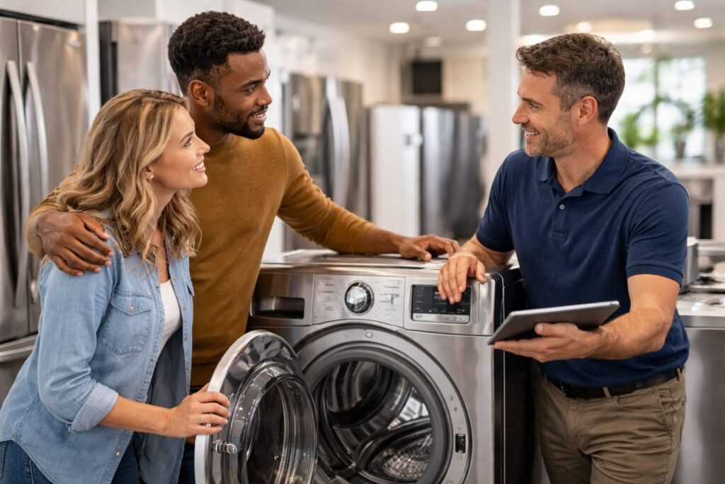 couple inspecting a modern refrigerator in a bright kitchen while discussing appliance warranty options