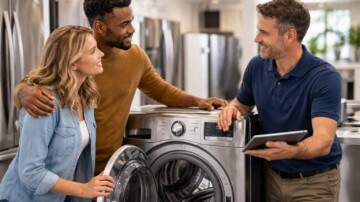 couple inspecting a modern refrigerator in a bright kitchen while discussing appliance warranty options