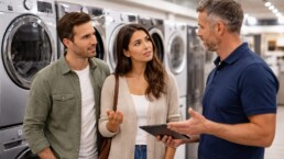 Homeowner and appliance technician discussing repair options next to a modern washing machine in a bright laundry room