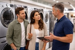 Homeowner and appliance technician discussing repair options next to a modern washing machine in a bright laundry room