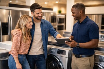 Appliance sales associate assisting a middle-aged couple in a modern showroom with kitchen appliances on display