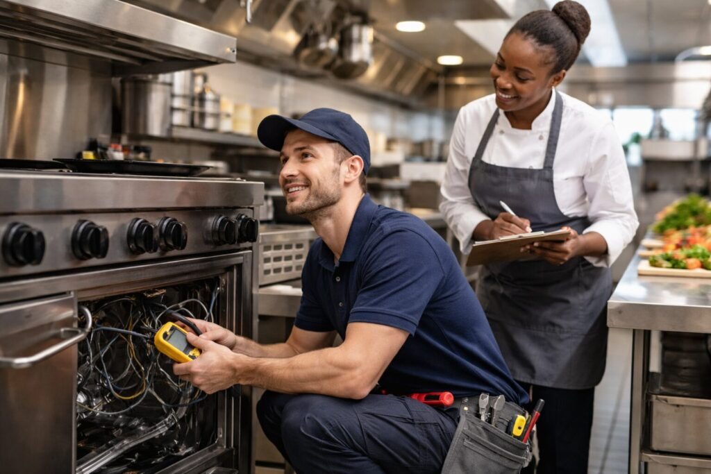 Appliance technician explaining warranty options to a couple in a modern kitchen showroom with appliances visible