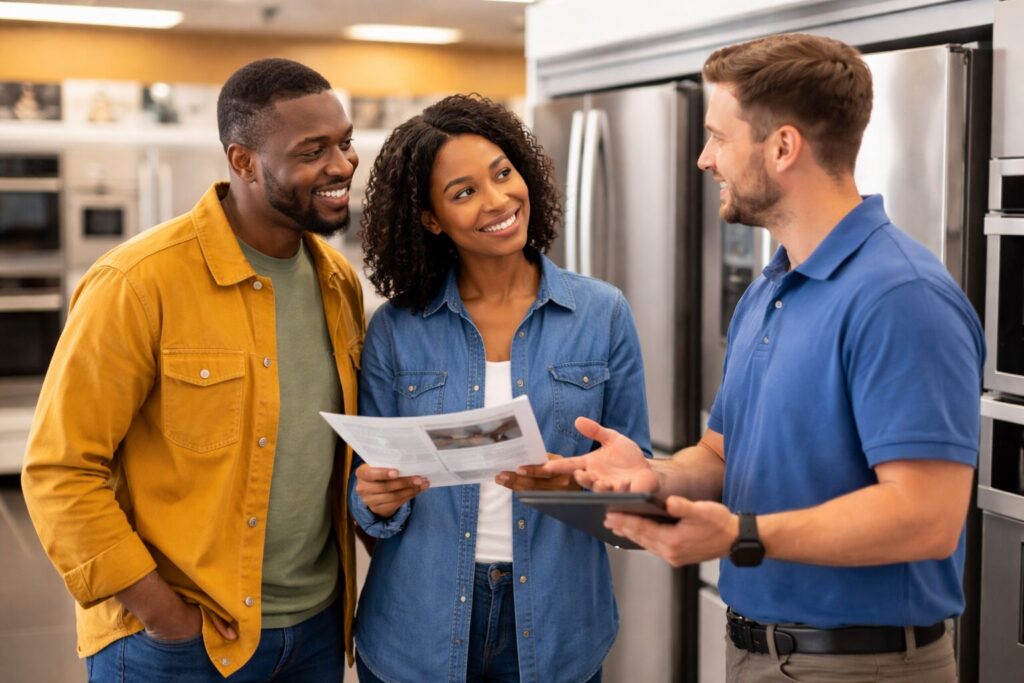 Diverse appliance sales associate explaining warranty options to a mixed group of customers in a modern showroom