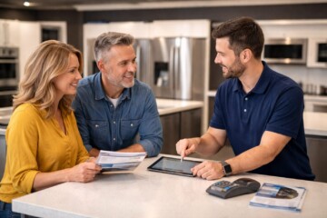 Appliance store sales associate assisting a middle-aged couple reviewing warranty options near kitchen appliances