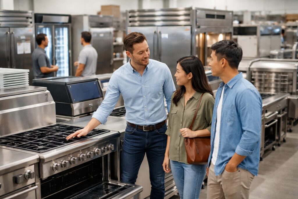 Asian commercial appliance dealer showing customers modern equipment in a clean, organized showroom environment