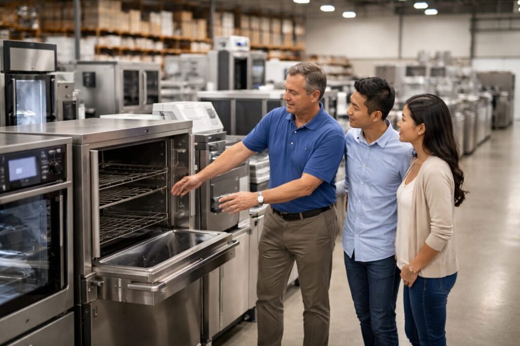 Asian commercial equipment dealer showing customers modern appliances in a clean, organized showroom environment
