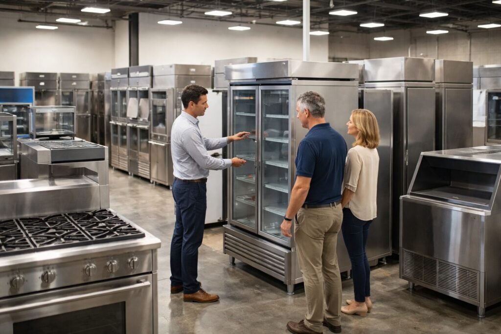 commercial appliance showroom with staff assisting customers and rows of equipment on display in a bright space
