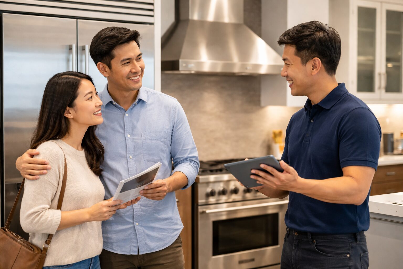 Asian couple discussing extended warranty options with appliance sales associate in modern appliance showroom