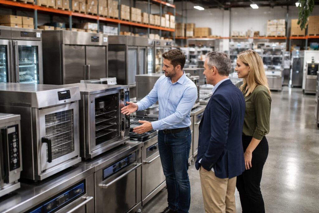 commercial appliance showroom with staff assisting customers and various high-end equipment on display in organized rows