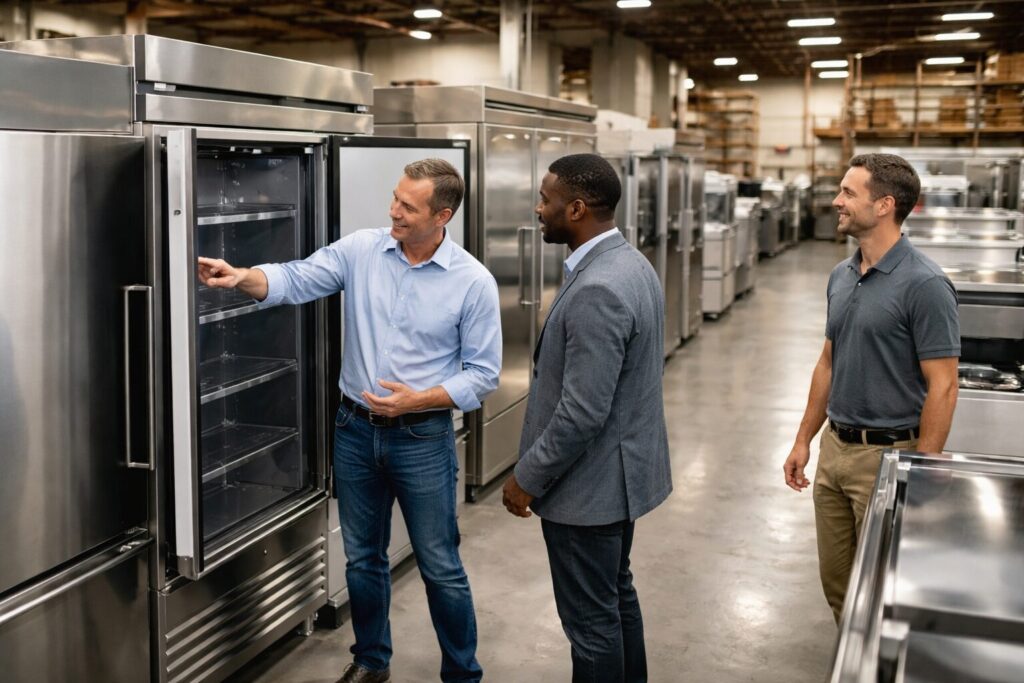 commercial appliance showroom with staff assisting customers and rows of commercial equipment on display