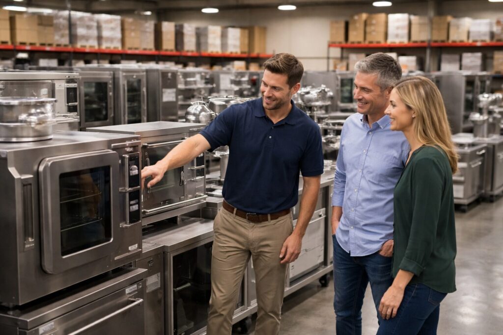 commercial appliance showroom with staff assisting customers and rows of modern equipment on display