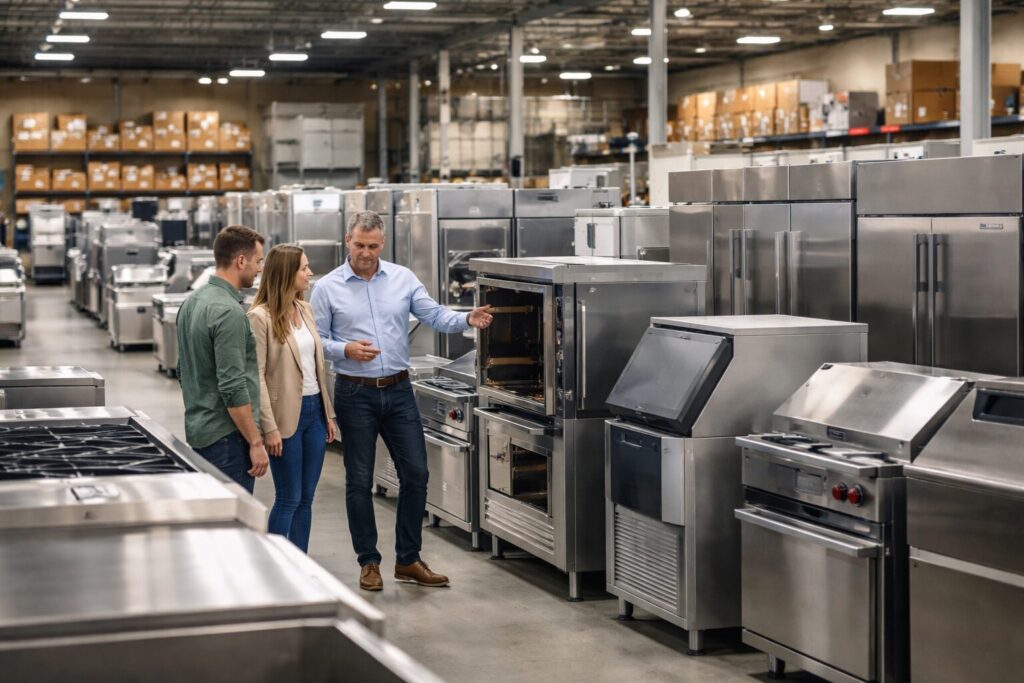 commercial appliance dealer showroom with staff assisting customers among various commercial equipment displays