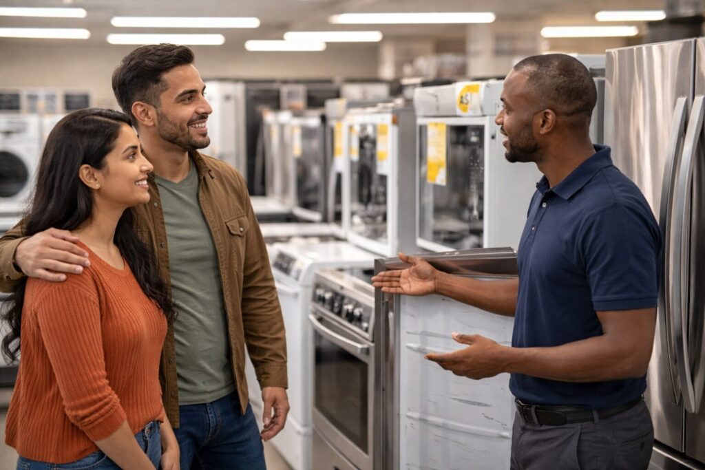 Diverse group of customers and sales associates discussing warranty options in a modern appliance showroom with open box