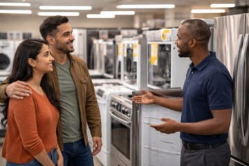 Diverse group of customers and sales associates discussing warranty options in a modern appliance showroom with open box