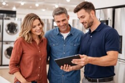 Appliance sales associate assisting a middle-aged couple with warranty options in a modern appliance showroom